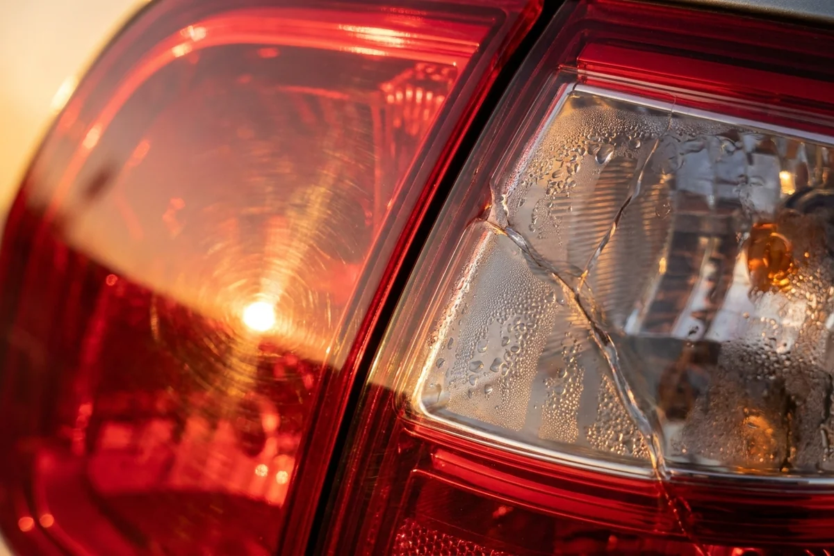Tylna lampa z płytkimi rysami oraz lampa z pęknięciem i wilgocią wewnątrz