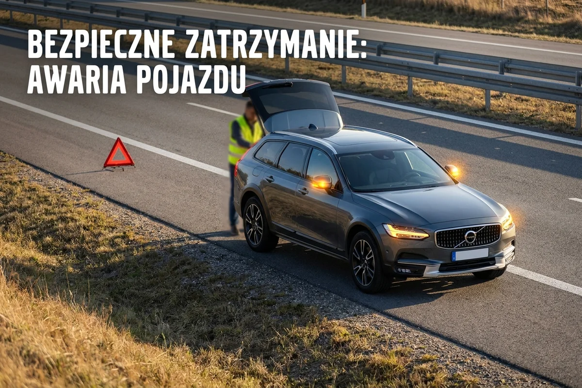 Unieruchomiony samochód ze światłami awaryjnymi i trójkątem ostrzegawczym ustawionym za pojazdem