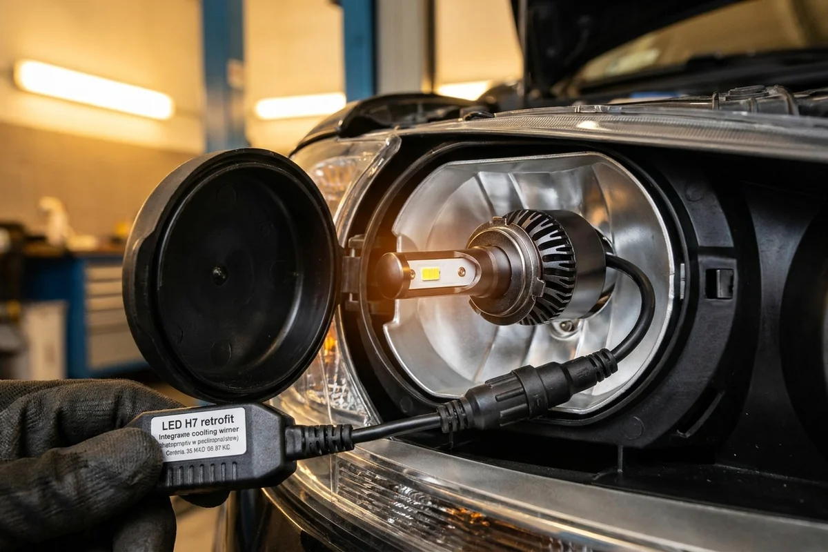 Zamontowany retrofit H7 LED, pokazujący poprawnie położone emitery względem ogniska, radiator, sterownik oraz otwarty dekiel