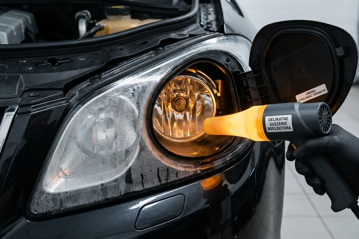Zaparowany reflektor podczas kontrolowanego usuwania wilgoci z jego wnętrza