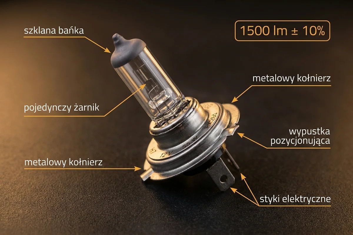 Żarówka H7 z opisanymi elementami i oznaczeniami H7, 12 V, 55 W oraz PX26d