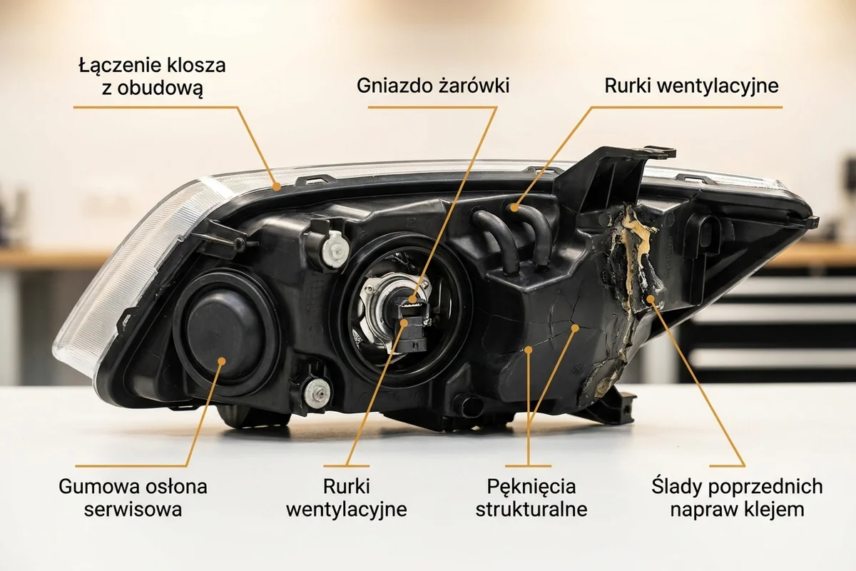 Zaznaczone punkty oględzin reflektora: łączenie klosza, pokrywa serwisowa, oprawka, odpowietrznik, pęknięcia i ślady klejenia