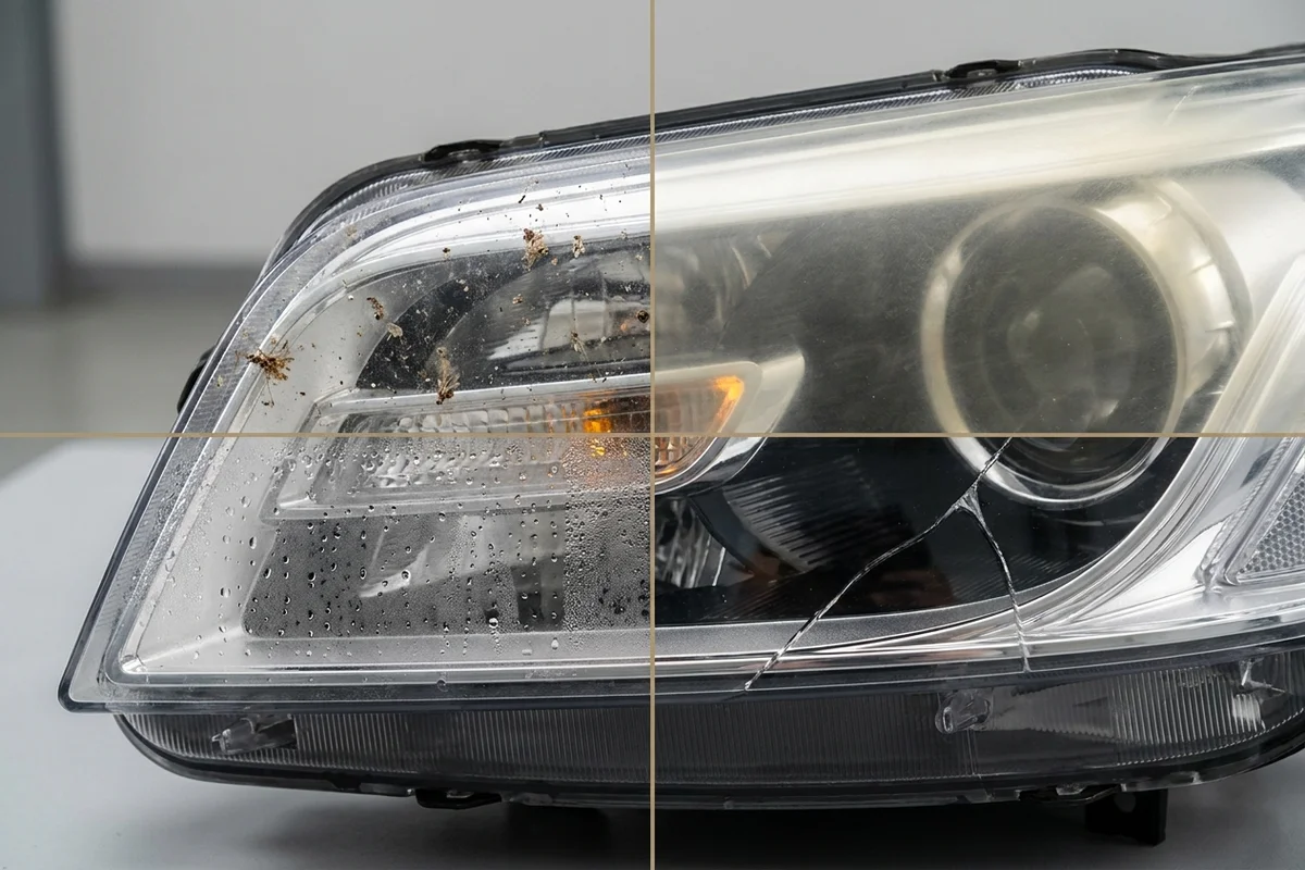 Zestawienie uszkodzeń lamp: brud powierzchniowy, żółte zmatowienie, wilgoć wewnątrz i pęknięcie obudowy