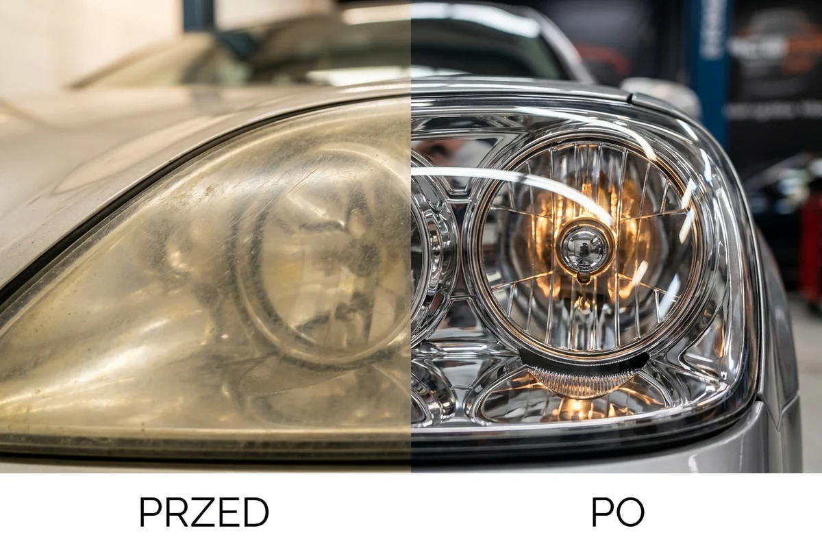 Zmatowiały klosz reflektora zestawiony z przejrzystym kloszem po renowacji