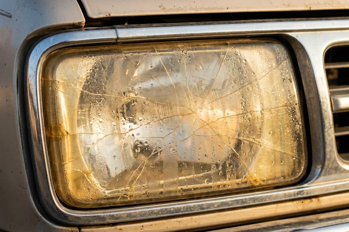 Zmatowiony i pęknięty klosz reflektora wymagający oceny przed nałożeniem folii