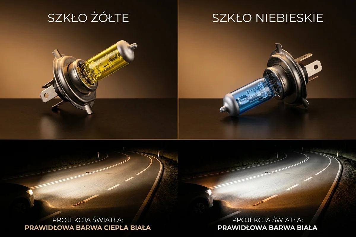 Żółta i niebieska bańka żarówki zestawione z rzeczywistą barwą emitowanego światła