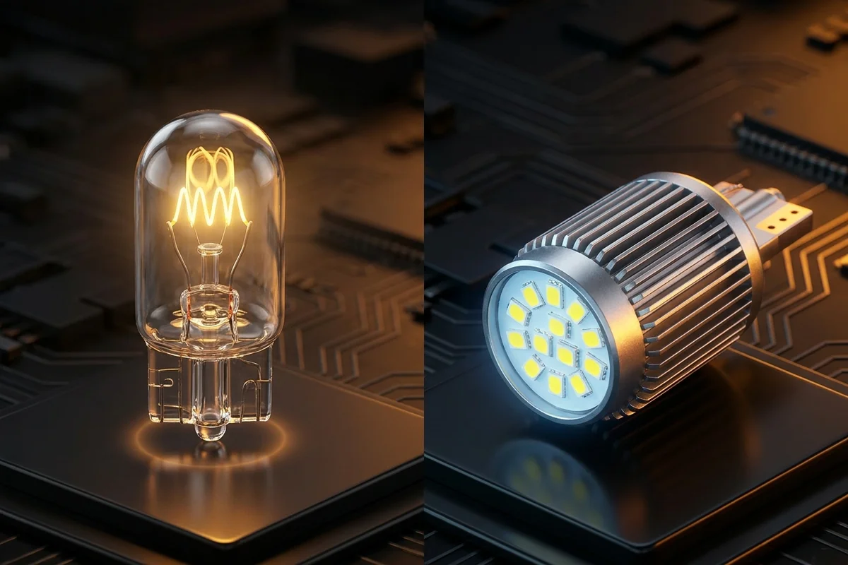 Zwykła żarówka W5W i zamiennik LED przeznaczone do niewielkiej lampy pozycyjnej