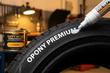 Biały marker wypełniający wypukłe litery na czystym boku opony