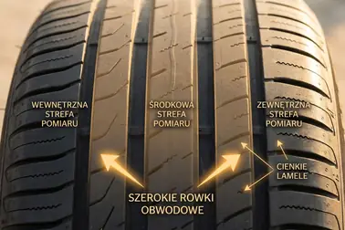 Bieżnik opony z zaznaczonymi strefami wewnętrzną, środkową i zewnętrzną oraz głównymi rowkami pomiarowymi