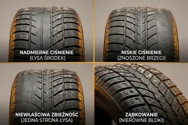 Bieżnik opony zimowej ze zużyciem środkowym, na obu barkach, jednostronnym i ząbkowanym