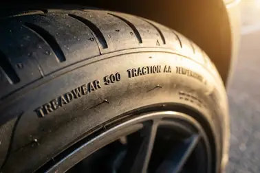 Blok UTQG na boku opony z napisami Treadwear 500, Traction AA i Temperature A