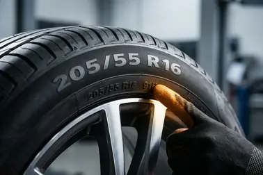 Bok opony o rozmiarze 205/55 R16 91H ze wskazaniem palcem na indeks 91