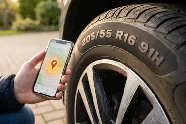 Bok opony z oznaczeniem 205/55 R16 91H oraz telefon z udostępnioną lokalizacją pojazdu
