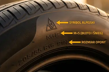 Bok opony z zaznaczonym symbolem Alpine, oznaczeniem M+S oraz rozmiarem 205/55 R16 91H