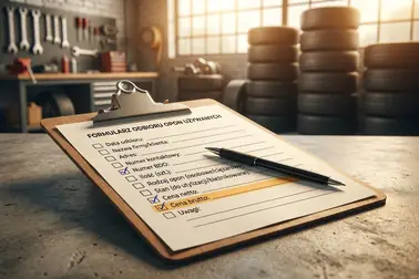 Checklista warunków odbioru zużytych opon z zaznaczonymi danymi firmy, ceną i terminem