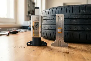 Cyfrowy i mechaniczny miernik bieżnika ułożone obok opony
