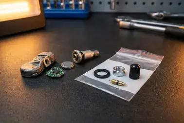 Czujnik TPMS oraz oddzielone elementy zestawu serwisowego zaworu