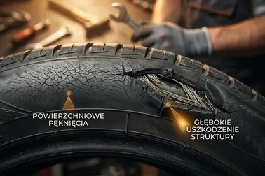 Drobne spękania powierzchni gumy oraz głębokie pęknięcie odsłaniające warstwy opony