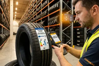 Dystrybutor skanujący etykietę unijną na oponie w magazynie