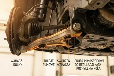 Elementy zawieszenia i punkty mocowania, których zużycie lub odkształcenie zmienia pochylenie koła