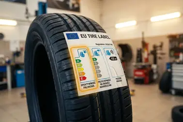 Etykieta opony z zaznaczoną literą klasy oporu toczenia przy symbolu dystrybutora paliwa