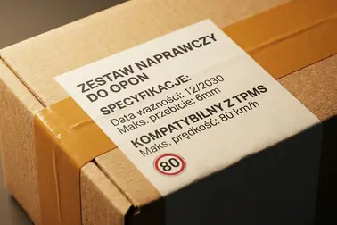 Etykieta zestawu naprawczego z terminem ważności, limitem przebicia, zgodnością z TPMS i ograniczeniami jazdy