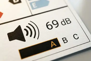 Fragment etykiety opony z piktogramem głośnika, wartością w decybelach i klasą hałasu A–C