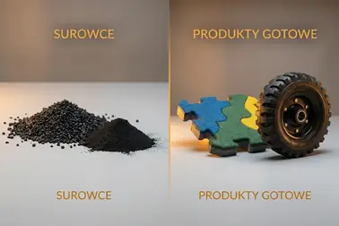 Granulat i miał gumowy obok przykładowych wyrobów wykonanych z recyklatu