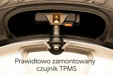 Gumowy zawór zatrzaskowy TPMS osadzony w otworze felgi i połączony z czujnikiem