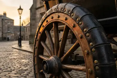 Historyczne koło powozu z gumowanym pasem wypełnionym powietrzem i skórzaną osłoną