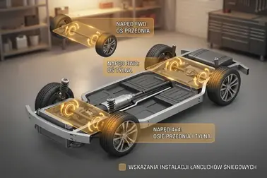 Ilustracja wskazująca prawidłową oś montażu łańcuchów w zależności od napędu FWD, RWD i 4x4.