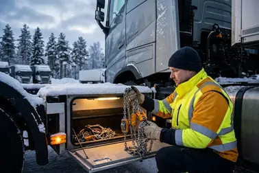 Kierowca ciężarówki sprawdzający komplet łańcuchów na dwa koła napędowe