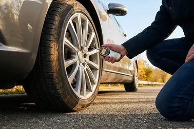 Kierowca mierzący manometrem ciśnienie w oponie po zapaleniu kontrolki TPMS