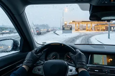 Kierowca na zaśnieżonej drodze płynnie zwalniający i kierujący samochód w stronę bezpiecznego parkingu.