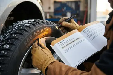 Kierowca porównujący oznaczenie 205/55 R16 91H na oponie z dokumentacją samochodu