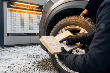 Kierowca porównuje oznaczenie 205/55 R16, instrukcję samochodu i tabelę dopasowania gotowego zestawu