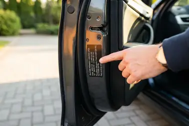 Kierowca porównuje oznaczenie opony z etykietą rozmiarów zalecanych przez producenta samochodu