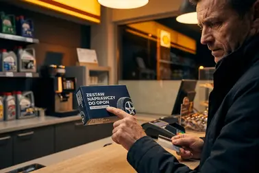 Kierowca sprawdza kompletność i datę ważności zestawu naprawczego kupowanego w trasie