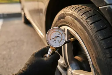 Kierowca sprawdza manometrem ciśnienie w kole po pojawieniu się ostrzeżenia TPMS