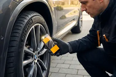 Kierowca sprawdza oznaczenia na całym obwodzie boku opony latarką i lusterkiem