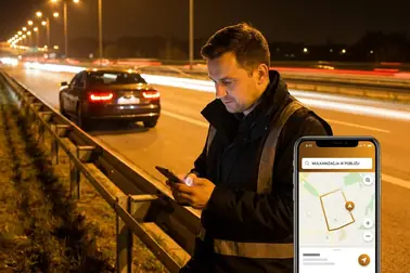 Kierowca sprawdzający trasę do wulkanizacji po awarii opony na autostradzie.