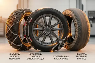 Klasyczny łańcuch, model samonapinający, system zewnętrzny i skarpeta tekstylna ułożone względem koła