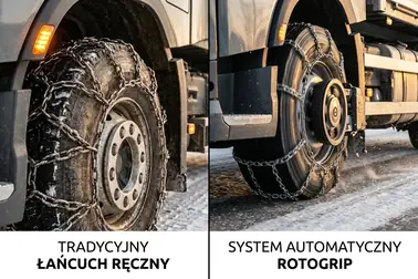 Klasyczny łańcuch na oponie ciężarowej oraz automatyczny system podający łańcuch pod koło
