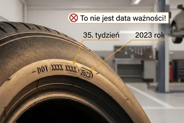 Kod DOT 3523 na oponie z wyjaśnieniem, że oznacza 35. tydzień 2023 roku i nie jest datą ważności