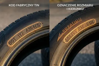 Kod TIN zestawiony z rozmiarem, indeksami i oznaczeniami kierunku montażu opony