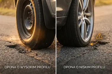 Koła z wyższym i niższym bokiem opony podczas przejazdu przez tę samą dziurę w jezdni.