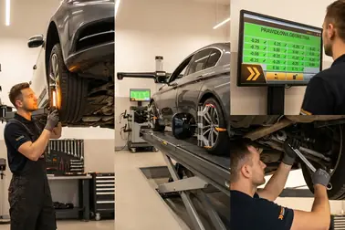 Kolejne etapy wizyty: weryfikacja auta, montaż czujników na koła oraz mechaniczna regulacja zbieżności