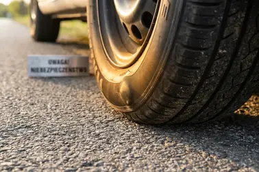 Koło samochodu z widocznym wybrzuszeniem opony jako sygnałem do przerwania jazdy
