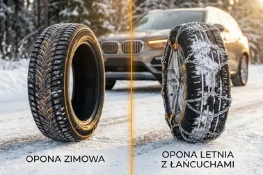 Koło z oponą zimową i prawidłowo zamontowanym łańcuchem na śniegu