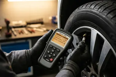 Kontrola ciśnienia i odczyt czujnika TPMS testerem przy kole samochodu